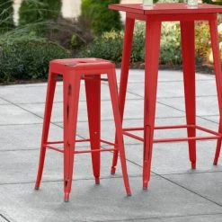 Buy 🎁 LT&S Alloy Series Lancaster Table & Seating Alloy Series Distressed Red Stackable Metal Indoor / Outdoor Industrial Barstool With Drain Hole Seat 👏