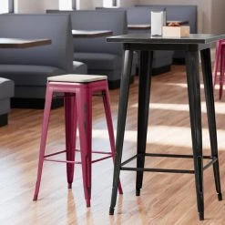 Brand new 💯 LT&S Alloy Series Lancaster Table & Seating Alloy Series Distressed Sangria Stackable Metal Indoor Industrial Barstool With Gray Wood Seat 😀