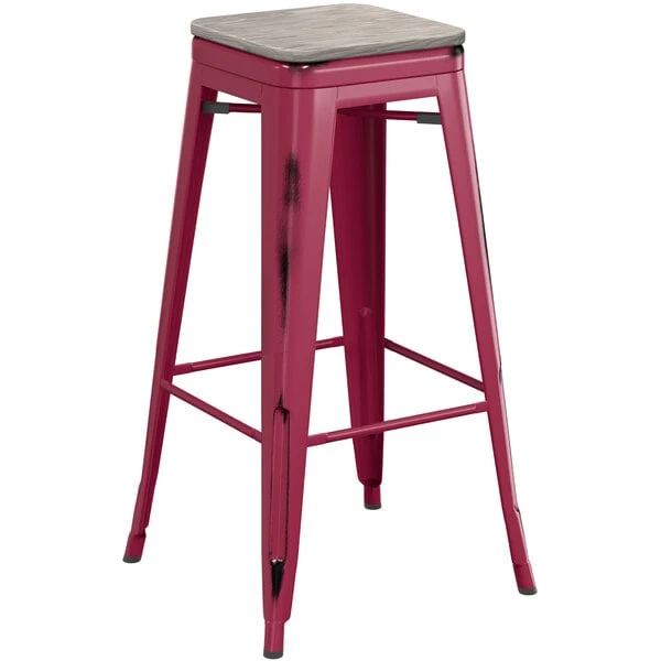 Brand new π― LT&S Alloy Series Lancaster Table & Seating Alloy Series Distressed Sangria Stackable Metal Indoor Industrial Barstool With Gray Wood Seat π - Image 2