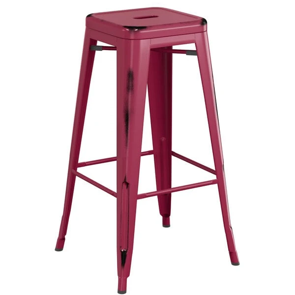 Brand new π― LT&S Alloy Series Lancaster Table & Seating Alloy Series Distressed Sangria Stackable Metal Indoor Industrial Barstool With Gray Wood Seat π - Image 3