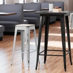 Best Pirce ⭐ LT&S Alloy Series Lancaster Table & Seating Alloy Series Distressed Silver Stackable Metal Indoor Industrial Barstool With Gray Wood Seat ❤️