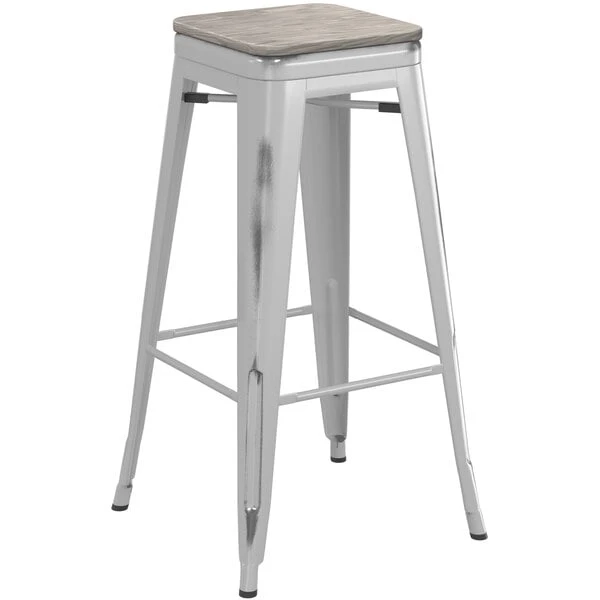 Best Pirce ⭐ LT&S Alloy Series Lancaster Table & Seating Alloy Series Distressed Silver Stackable Metal Indoor Industrial Barstool With Gray Wood Seat ❤️ - Image 2