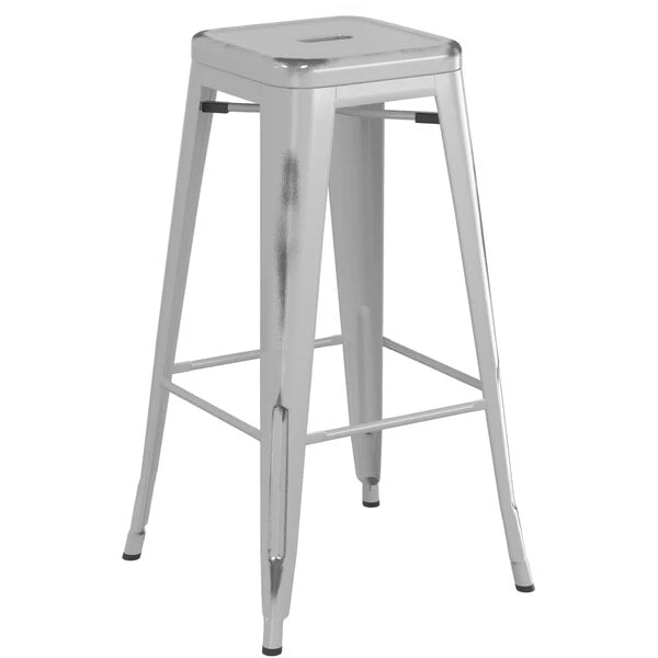 Best Pirce ⭐ LT&S Alloy Series Lancaster Table & Seating Alloy Series Distressed Silver Stackable Metal Indoor Industrial Barstool With Gray Wood Seat ❤️ - Image 3