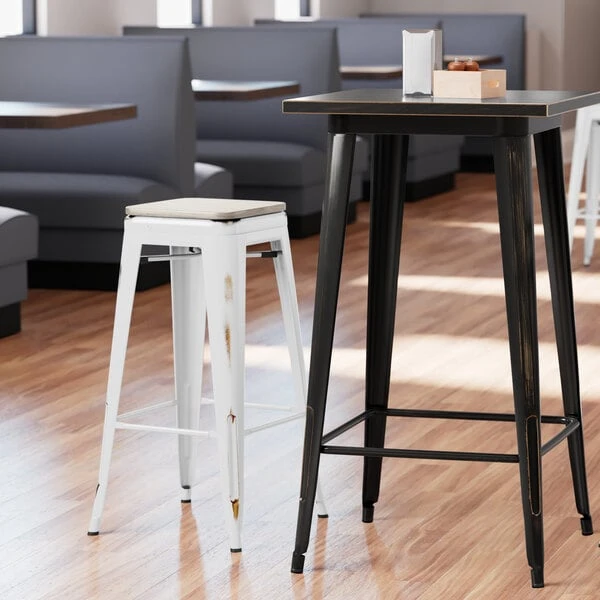 Buy ๐คฉ LT&S Alloy Series Lancaster Table & Seating Alloy Series Distressed White Stackable Metal Indoor Industrial Barstool With Gray Wood Seat ๐ฏ
