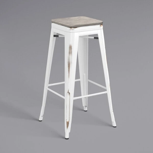 Buy ๐คฉ LT&S Alloy Series Lancaster Table & Seating Alloy Series Distressed White Stackable Metal Indoor Industrial Barstool With Gray Wood Seat ๐ฏ - Image 2