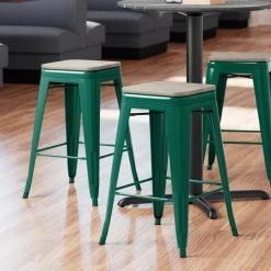 Deals 💯 LT&S Alloy Series Lancaster Table & Seating Alloy Series Emerald Metal Indoor Industrial Cafe Counter Height Stool With Gray Wood Seat 🔥